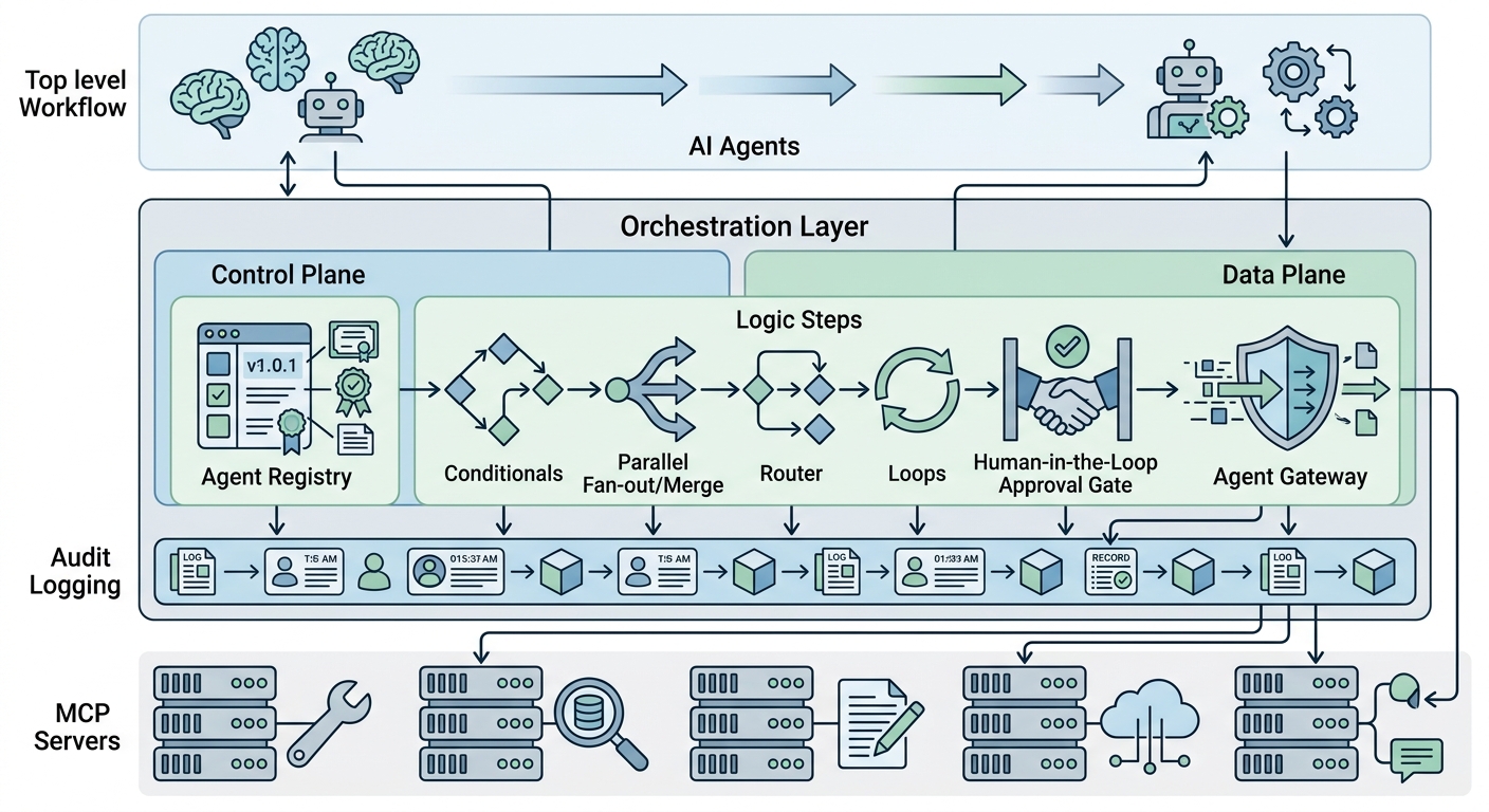 Architecture diagram: the Orchestration Layer sits between AI Agents and MCP Servers, with the Agent Registry as control plane and the Agent Gateway as data plane, owning logic-step semantics and the audit trail.