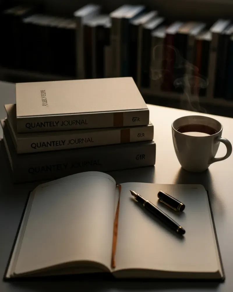 A reader's desk: bound issues of Explore Agentic, a notebook, and a cup of tea.