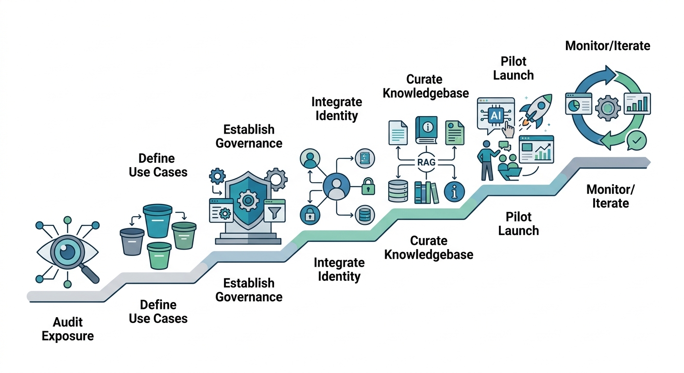 A seven-step linear workflow diagram illustrating the journey from initial audit to scale: Audit Exposure, Define Use Cases, Establish Governance, Integrate Identity, Curate Knowledgebase, Pilot Launch, and Monitor/Iterate.