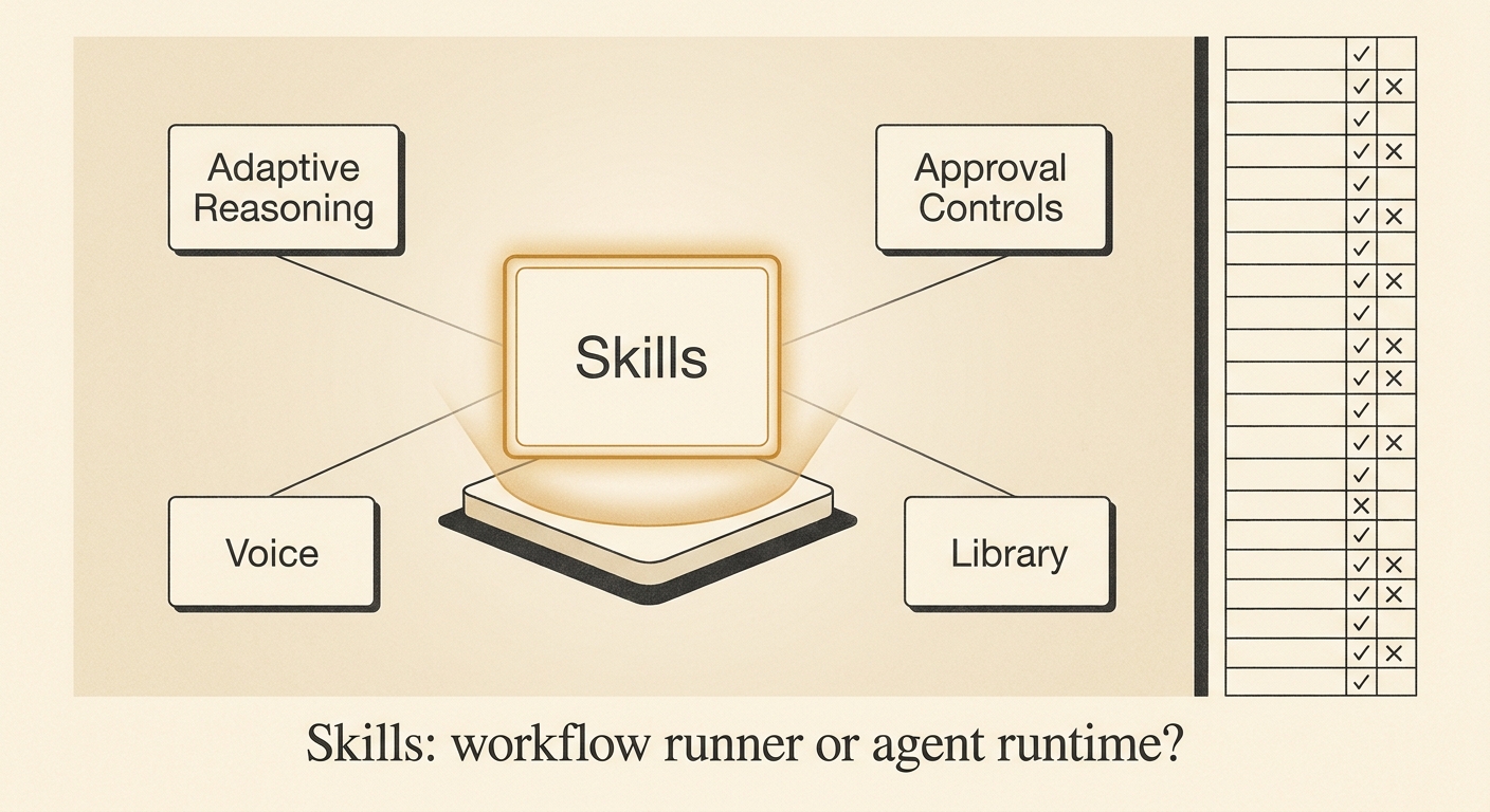 Editorial illustration: a stage with a glowing "Skills" workflow card center, surrounded by smaller satellite cards labeled Adaptive Reasoning, Approval Controls, Voice, and Library; an audit ledger trails off to the right margin.